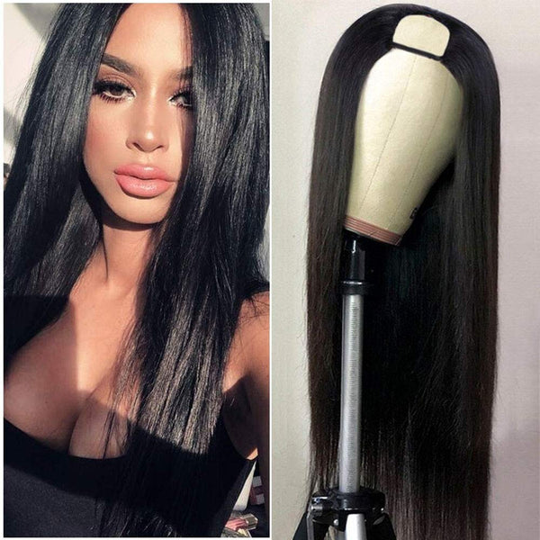 26 Inch U Part Wigs, Brazilian Long Straight Human Hair Wig for Black Women Glueless U Shape Remy Hair Wigs Non Lace Wigs With Straps Combs, 150% Density Natural Color